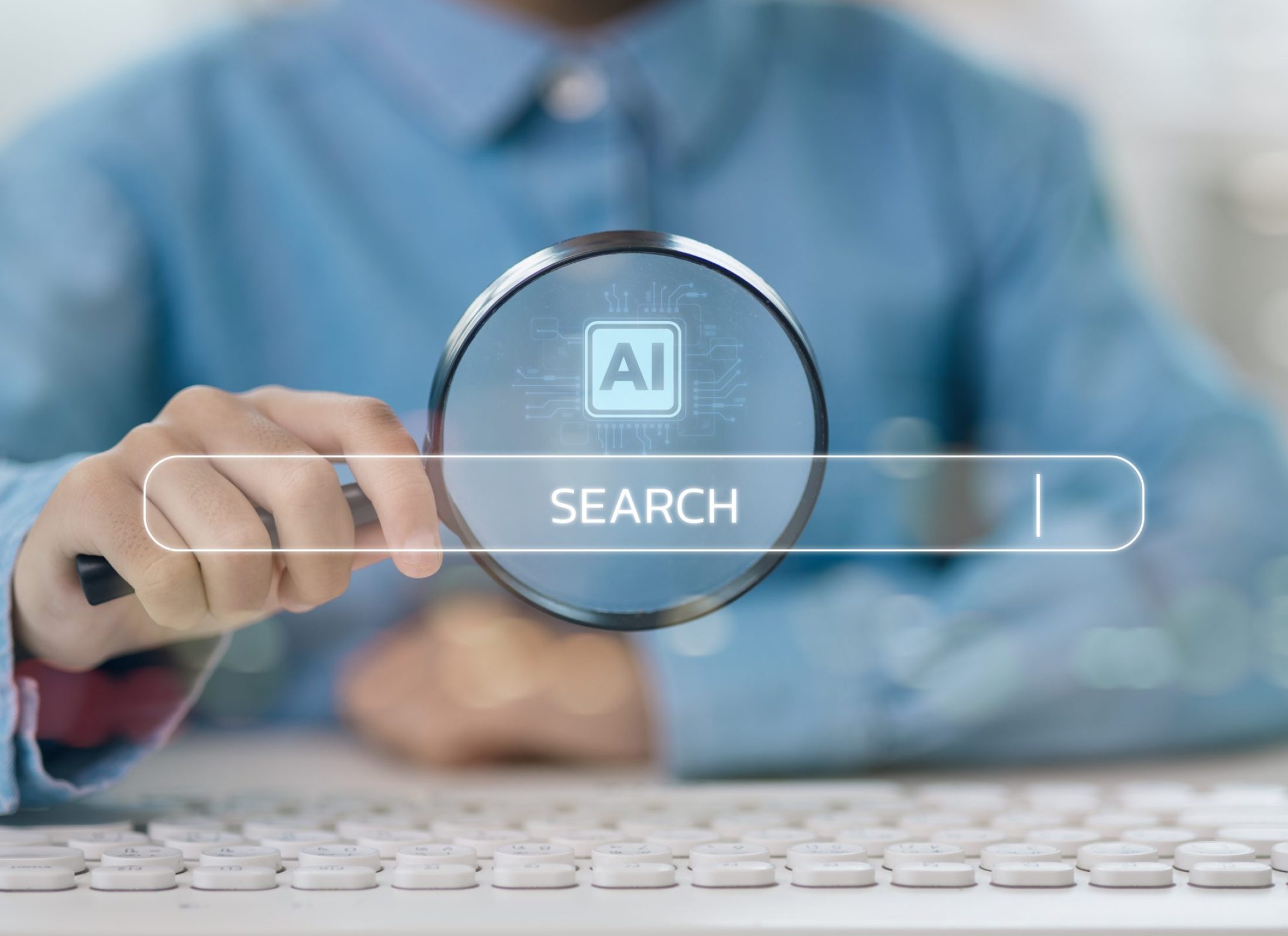 Businessmen use computers and magnifying glasses with AI search engine bars for data search optimization by artificial intelligence technology. Ai search concept.