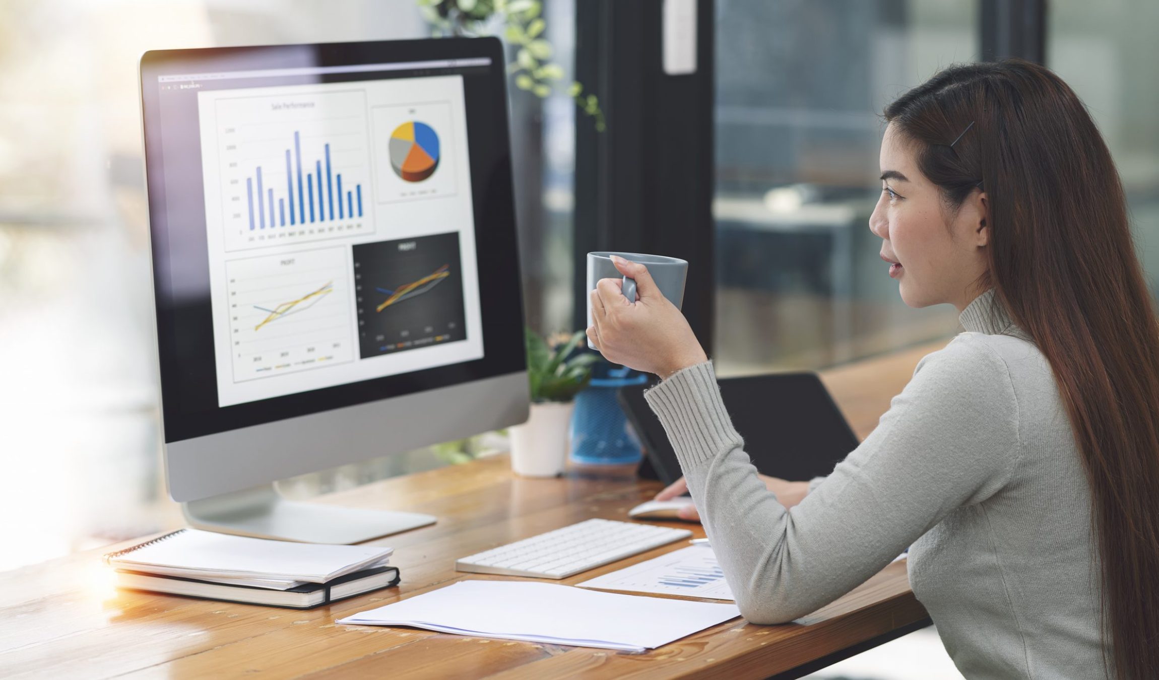 Businesswoman working at her desk in the office checking and analysing report. Young business woman working on computer and statistics graphs.