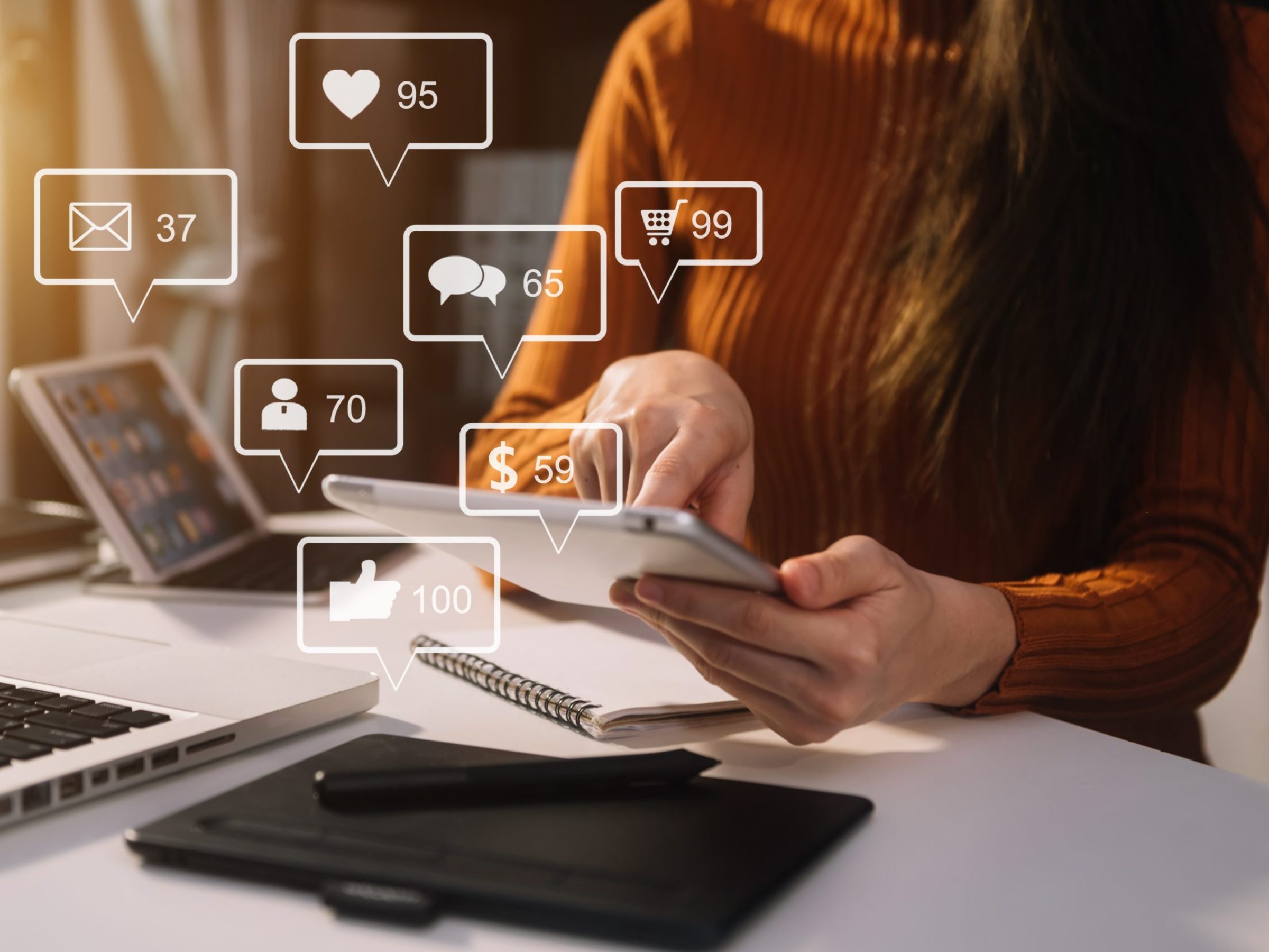 Social media and Marketing virtual icons screen concept.close up of businesswoman typing keyboard with laptop computer